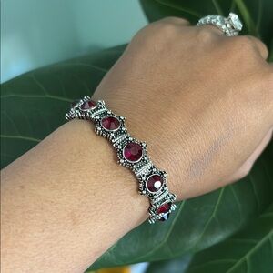 Elegant Silver and Red Gemstone Bracelet